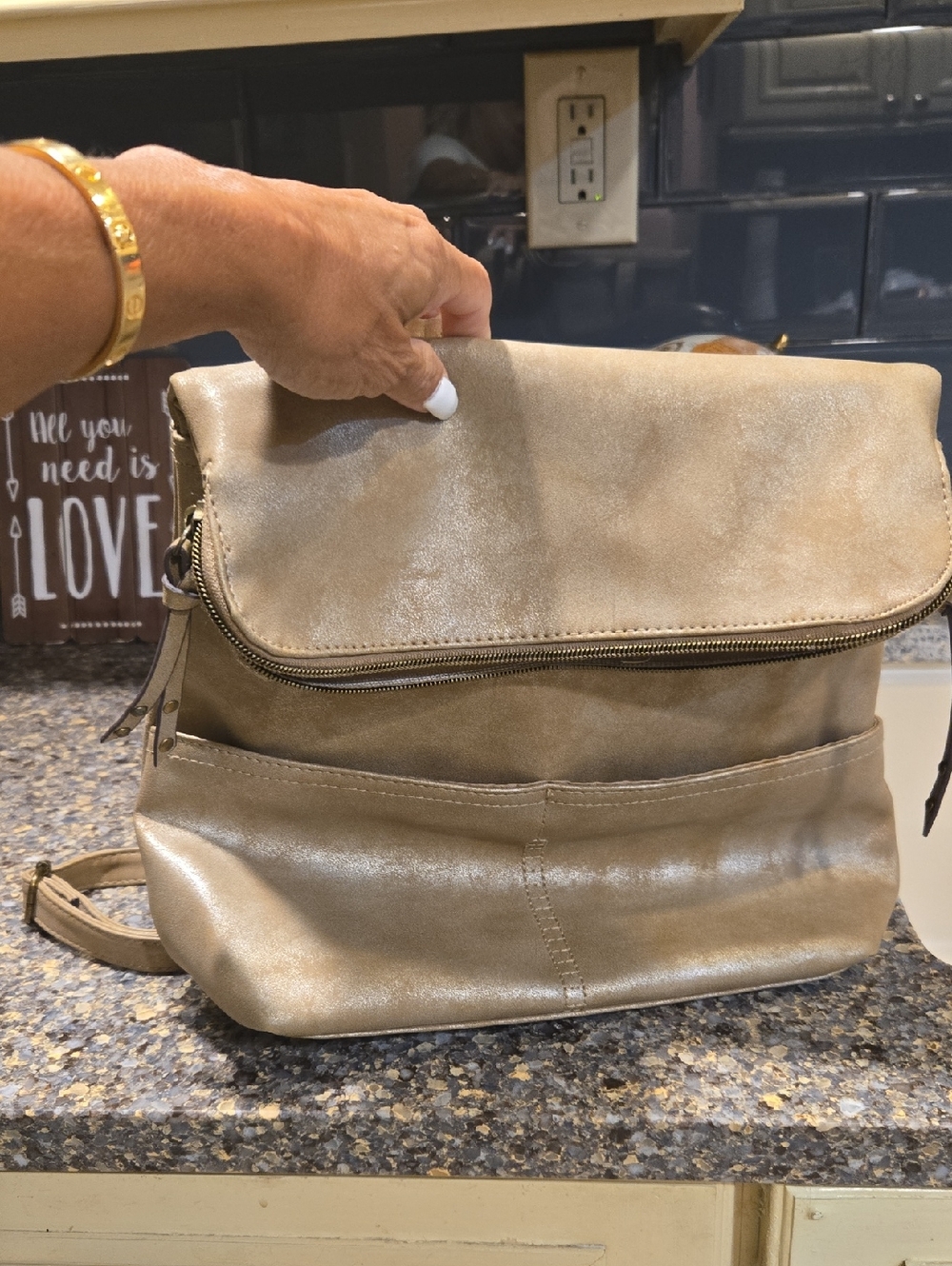 Michael Kors For Exposure Metallic Taupe Fold-Over Women's Backpack LIKE NEW